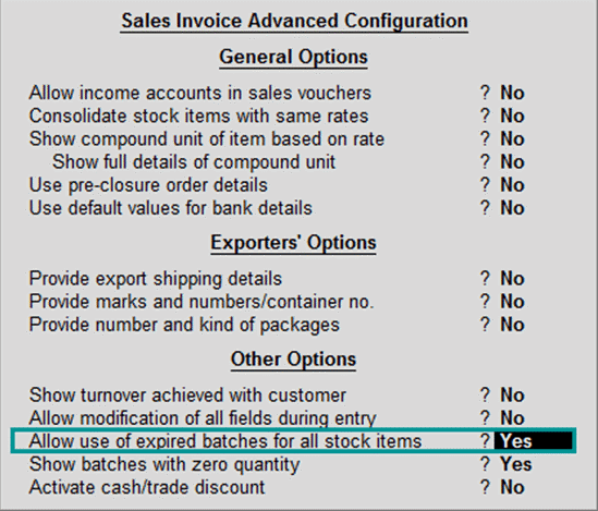 Sales Invoice Advance Config. in Tally