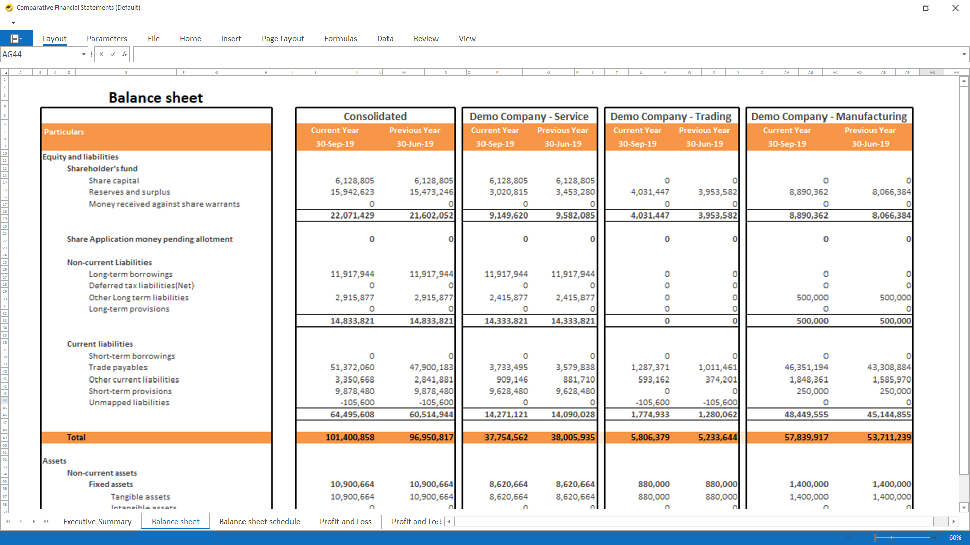 Formatted Financial Statements in Spreadsheet