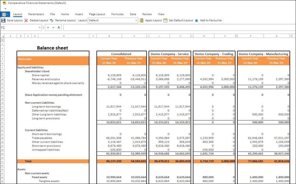 EasyReports Comparative Financial Statements of Balance Sheet (Screenshot)