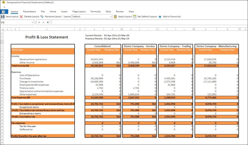 EasyReports Comparative Financial Statements of Balance Sheet (Screenshot)