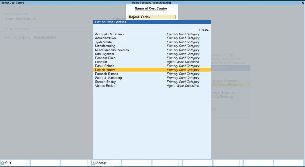 How to Prepare Cost Centre P&L Reporting in Tally& BI Tools- Select Cost Centre in Tally Prime