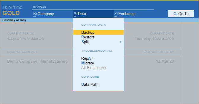 How to Split Your Data for the New Financial Year in Tally Prime - Backup your data in Taly prime before proceeding on data split